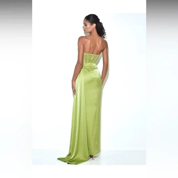 NWT MISS CIRCLE - Prisa Lime High Slit Satin Corset Gown SIZE XS - Picture 5 of 7